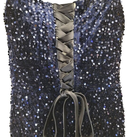 NWT Dark Navy Blue Sequin Evening Classic Sleeveless Corset Back Thigh Slit - Picture 5 of 15
